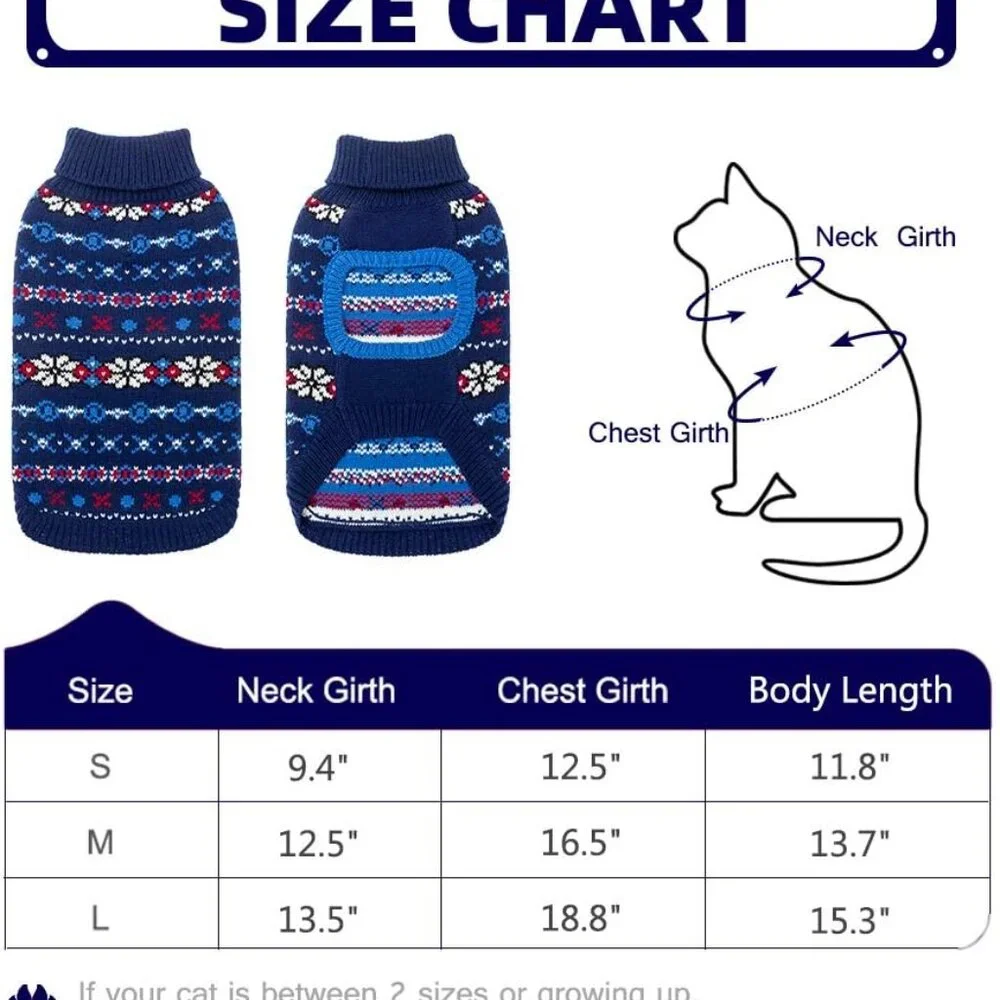 New! Medium Blue Cat Winter Sweater with Snowflake - Soft Turtleneck Knitted